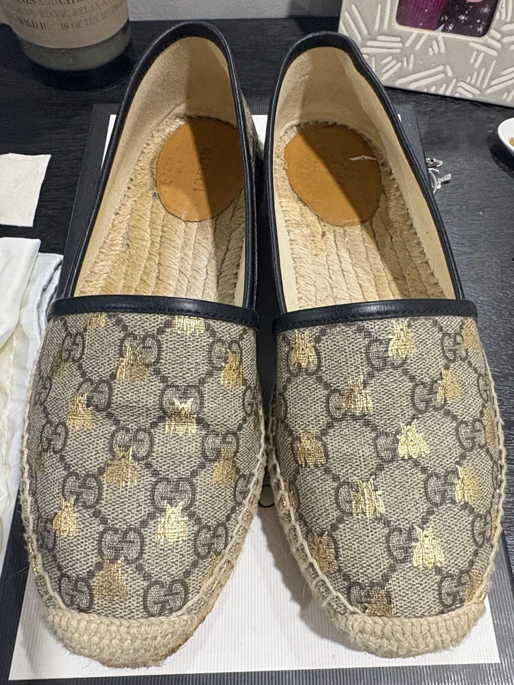 Gucci Beige Monogram Espadrilles with Gold Bee